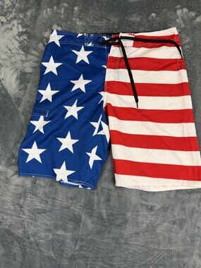 Hang Ten Mens American Flag Board Shorts Red White Blue 34